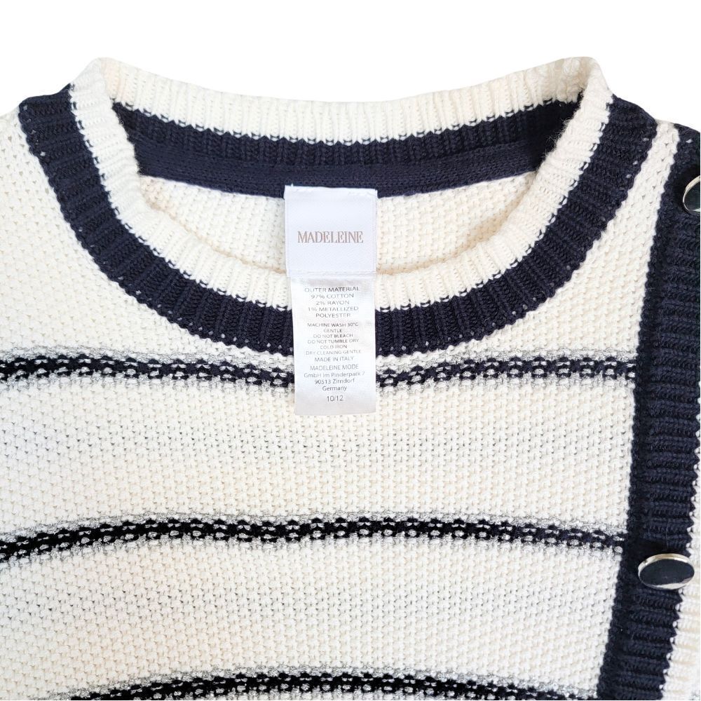 MADELEINE THOMPSON Navy/White/Metallic Stripe Button Sweater Womens M Luxury - Picture 3 of 7
